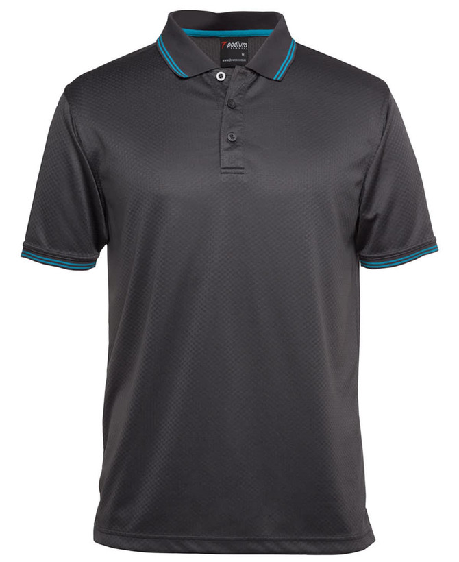 A dark grey polo shirt featuring contrast teal detailing and a logo. Short sleeves and collared design.