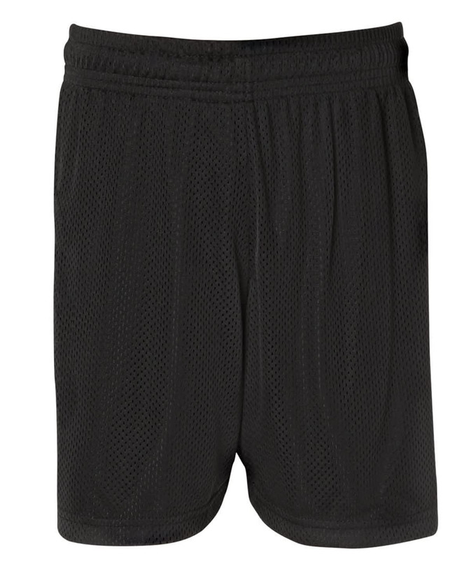 A pair of black sports shorts featuring a mesh design and an elastic waistband, with branding present.