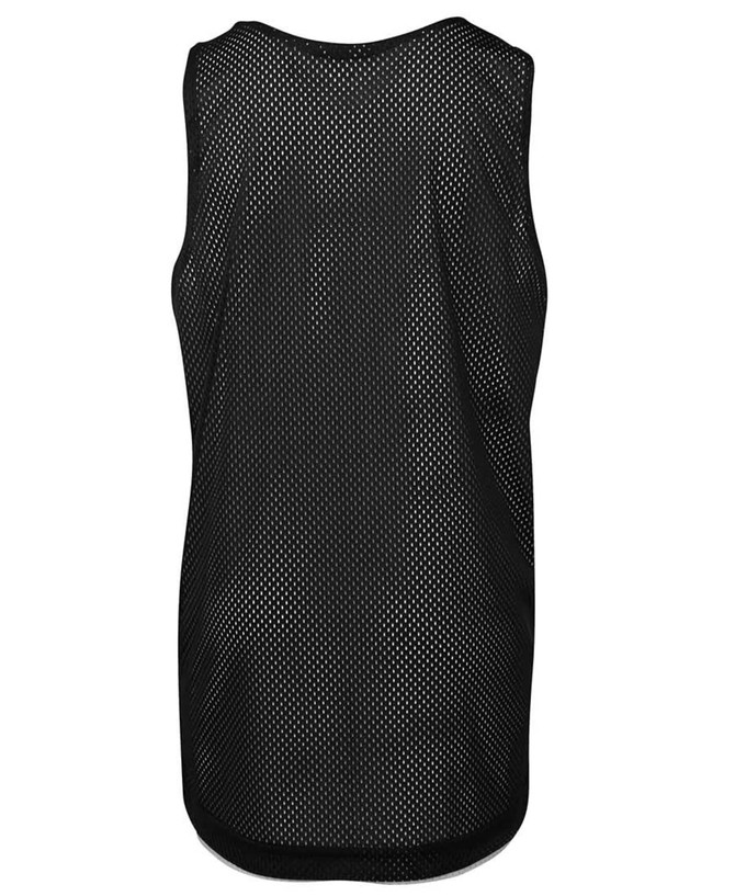 A black mesh singlet featuring a roomy design and a logo on the back.