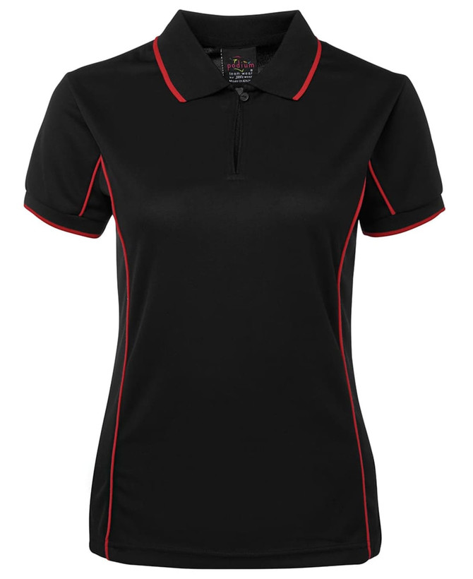 A black polo shirt with red piping, featuring a collar and a small placket. It includes a logo.