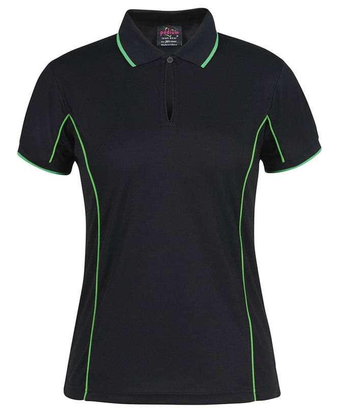 A black polo shirt featuring green piping and a collar, designed for women. It has a logo on the label.