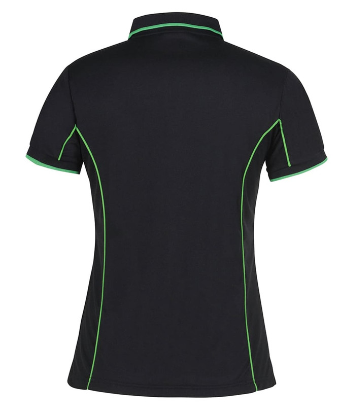 A black polo shirt with green piping, featuring a fitted design and short sleeves. Includes a logo on the chest area.