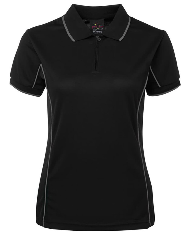 A black polo shirt with a zippered neck and contrasting piping details. The shirt features a logo.