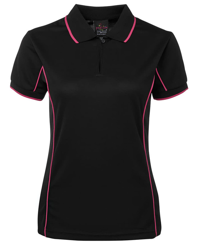 A black polo shirt with pink piping, featuring a collar and a zippered front. Includes a logo on the label.
