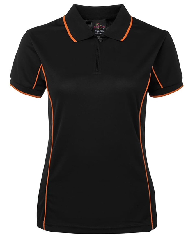 A black polo shirt with orange piping, featuring a collar and a logo on the label.