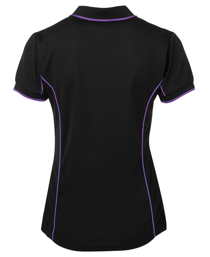 A black polo shirt featuring purple piping, with a classic collar and short sleeves. It includes a branding logo.