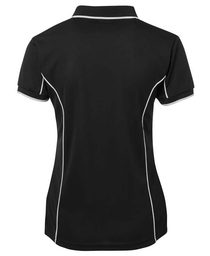 A black polo shirt with white piping details, featuring a collared neck and short sleeves. It has a branding logo.