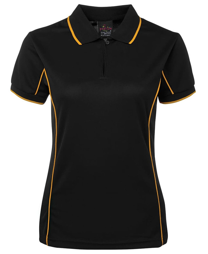 A black polo shirt with yellow piping, featuring a collar and short sleeves. It has a logo on the front.