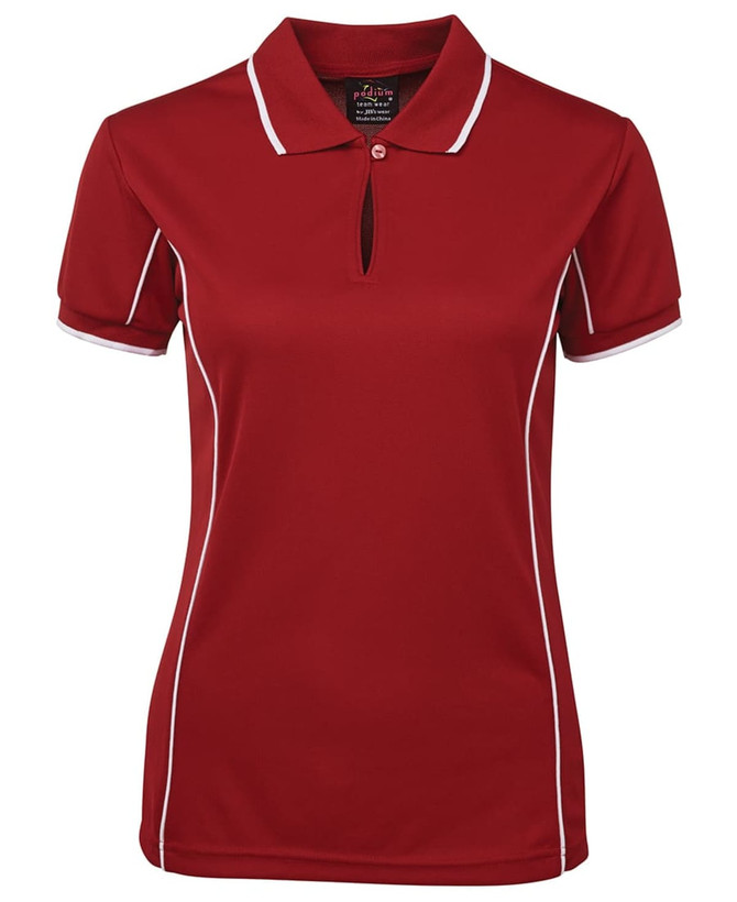 A red polo shirt with contrasting white piping and a collar, featuring a small logo.
