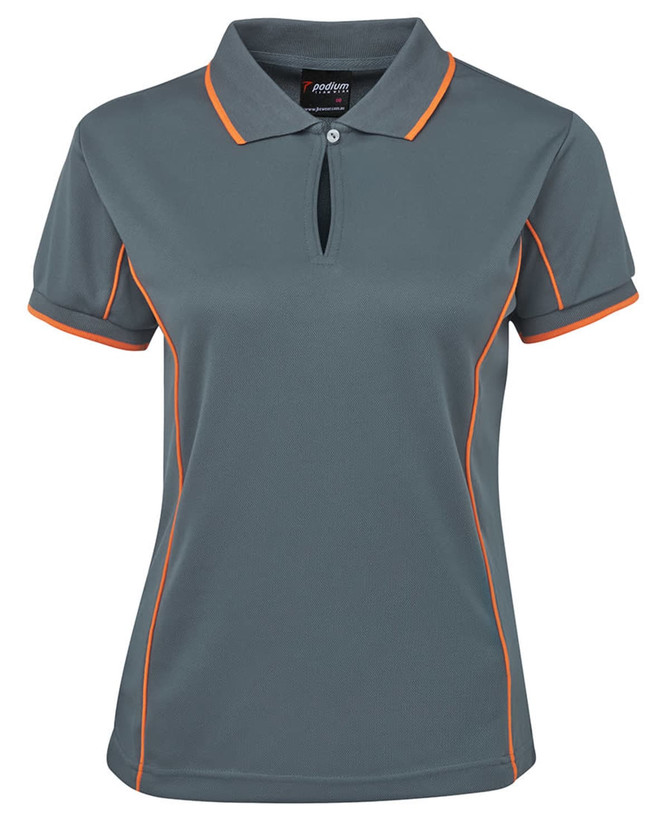 A grey polo shirt with orange piping, featuring a collar and a logo. Short sleeves and a sporty design.