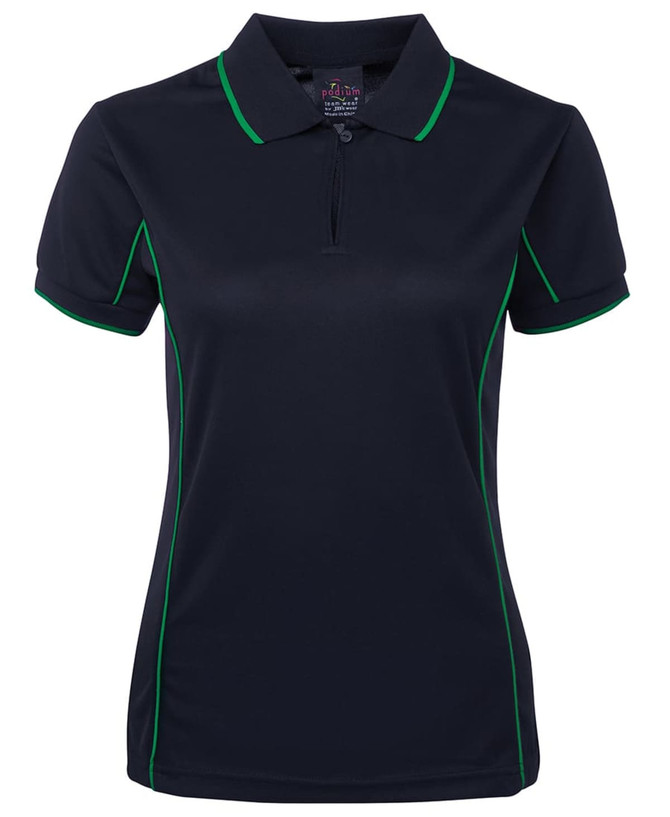 A navy polo shirt featuring green piping and a collar, with a logo on the front.