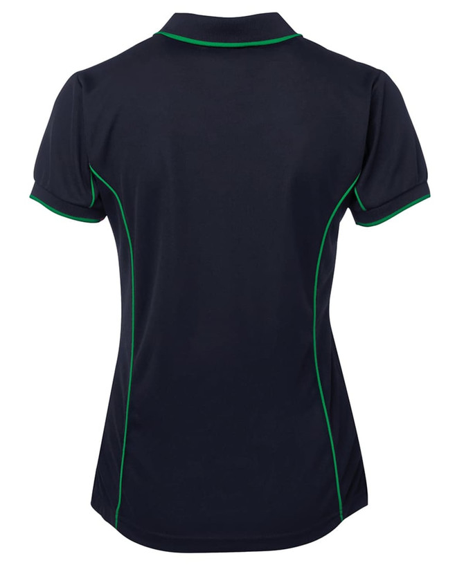 A navy polo shirt with green piping, featuring a collar and short sleeves. It has a logo on the back.