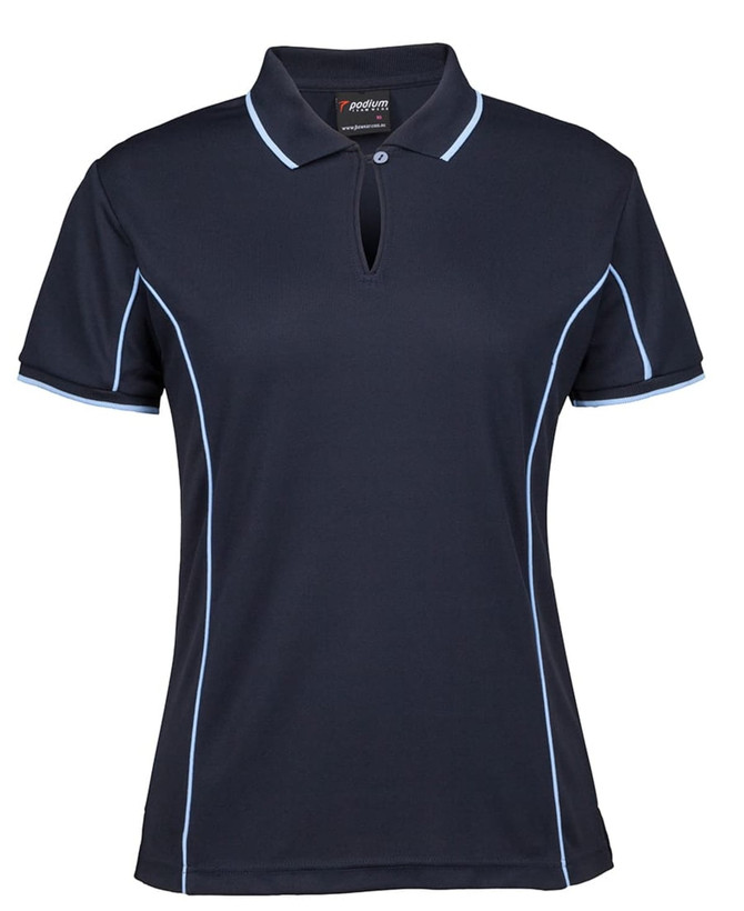 A navy polo shirt with light blue piping and a collar, featuring a logo.