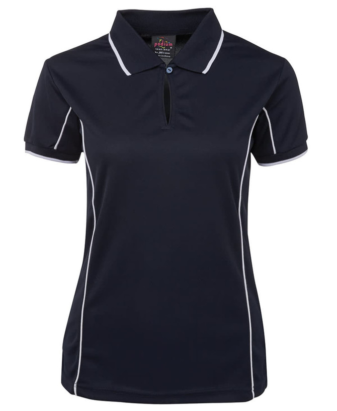 A navy polo shirt featuring piping details and a collar, with a logo on the upper area.