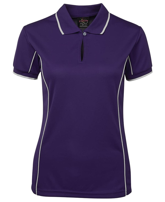 A purple polo shirt featuring a collar, short sleeves, and white piping along the seams, with a logo on the chest.