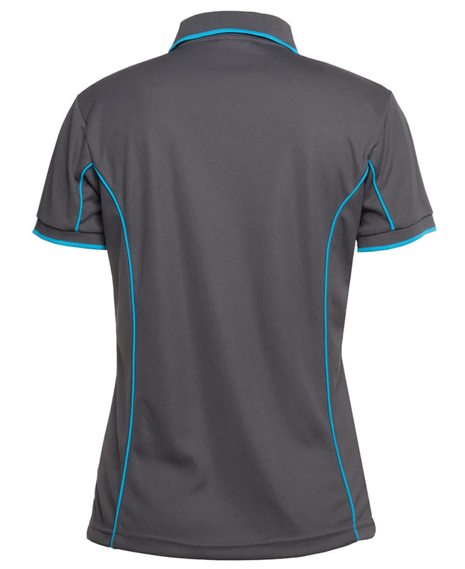 A grey polo shirt with turquoise piping, featuring a collar and short sleeves, with a logo on the back.