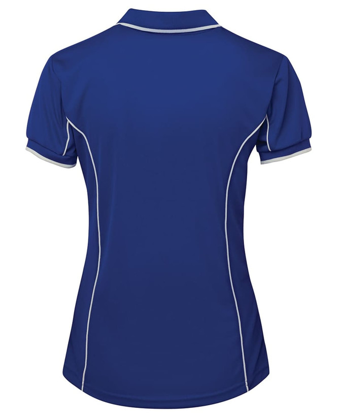 A women's polo shirt in blue, featuring white piping along the seams and a logo on the back.