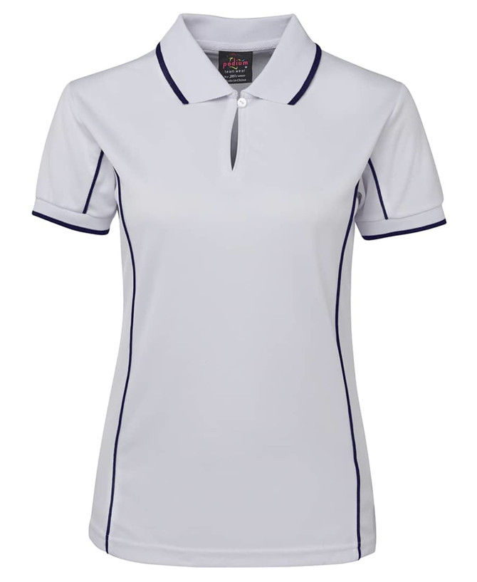 A white women's polo shirt featuring navy piping and a collar, with a logo on the label.