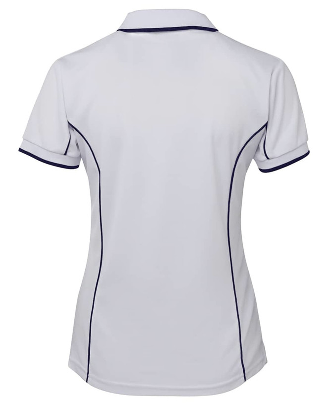 A white ladies' polo shirt featuring navy piping along the edges and a branded logo.