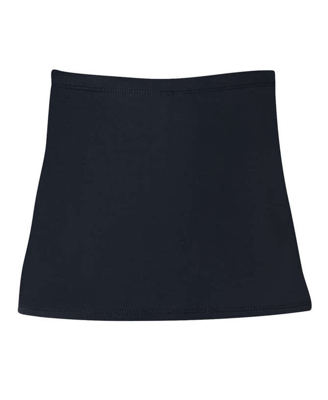 A black skort with a flared design and elastic waistband. It features a logo on the waistband.