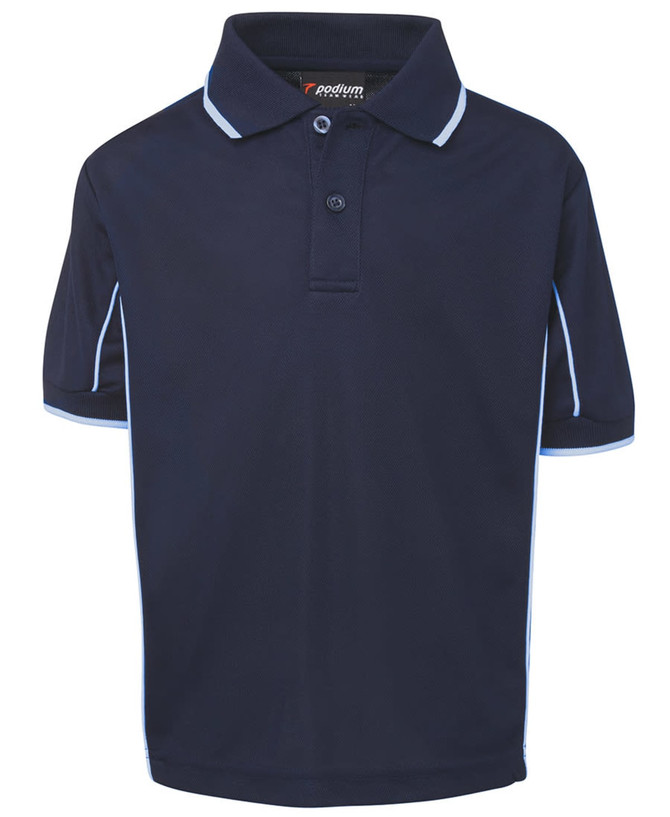 A navy polo shirt with white piping and a collar, featuring short sleeves and a logo. 