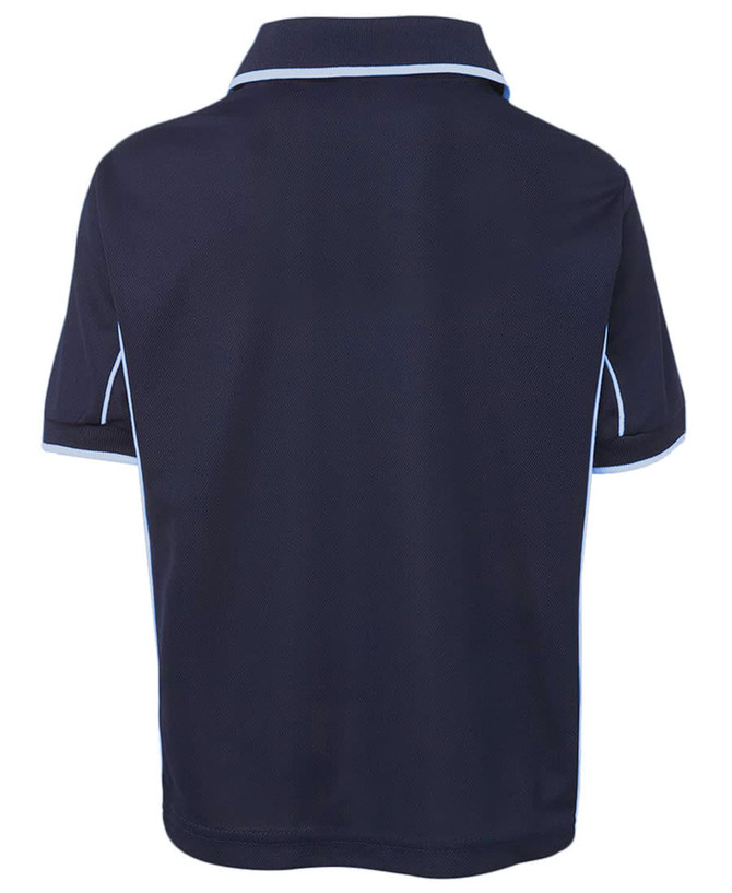 A navy polo shirt with white piping, featuring a collar and short sleeves, designed for kids.