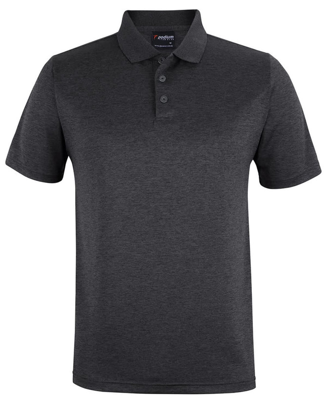 A black marle polo shirt with a collar and three buttons, featuring a logo on the label.