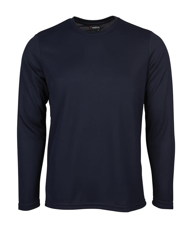 A long-sleeve T-shirt in navy blue with a round neck and a branded label inside.