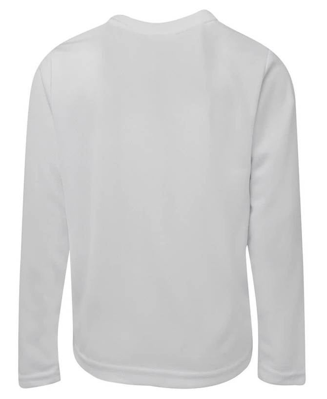 A white long-sleeve T-shirt with a textured fabric, featuring a simple back design and a small logo.