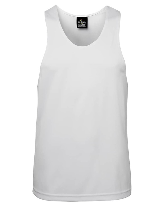 A white Podium Poly Singlet featuring a wide neckline and a simple design, with a branding label at the neck.