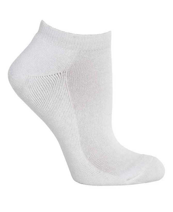 A white ankle sock with a smooth texture and fitted shape, featuring a slight logo.