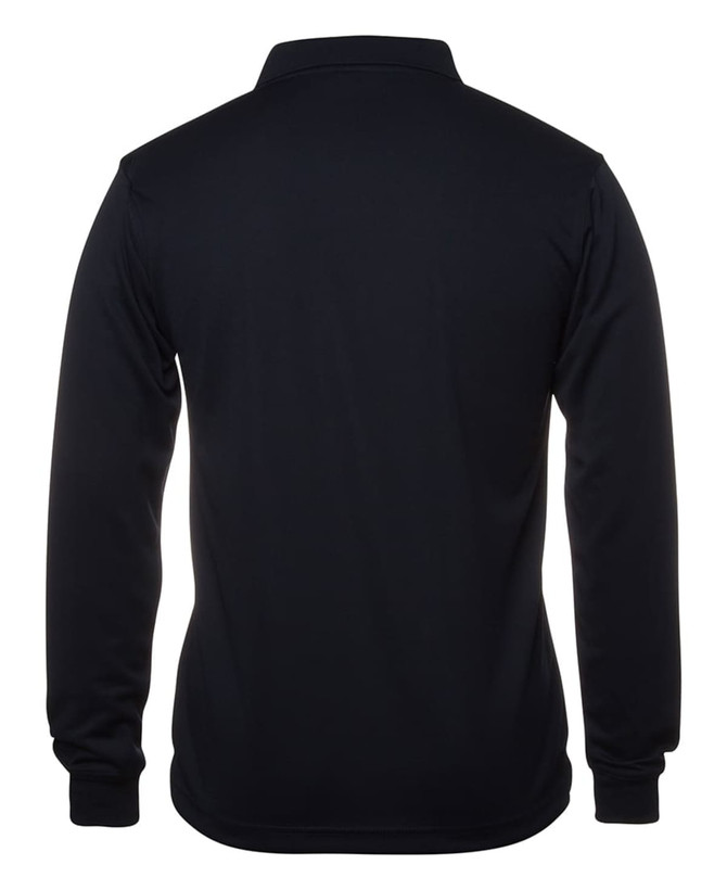 A black long-sleeve polo shirt featuring a collar and fitted design, with a logo on the front.