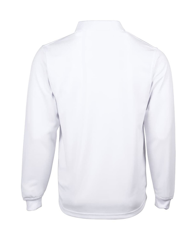 A long-sleeve polo shirt in white with a collar, featuring a logo on the back.