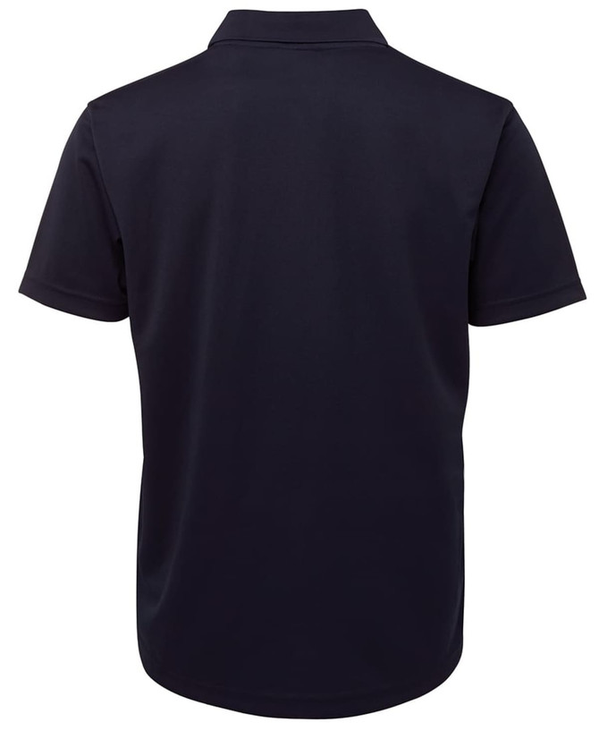 A navy polo shirt with a collar and short sleeves, featuring a logo on the back.