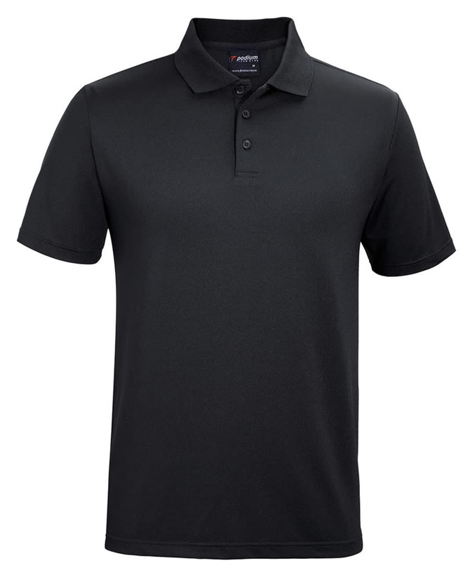 A black polo shirt featuring a classic collar and a three-button placket, with a logo on the chest.
