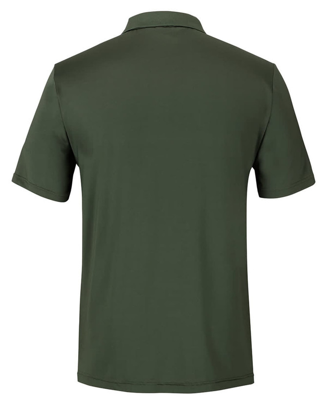 A green polo shirt featuring a collar and short sleeves, displayed from the back. It has a branding logo.