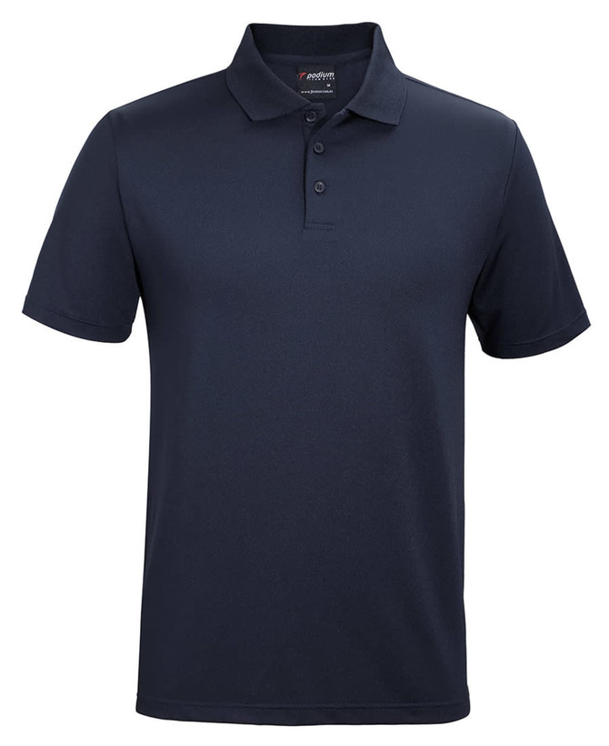 A navy blue polo shirt featuring a collar, buttons, and a logo on the chest.
