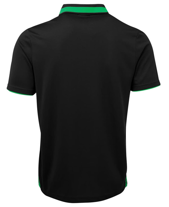 A black polo shirt with green detailing on the collar and sleeves, featuring a logo.
