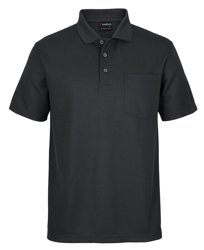 A dark green polo shirt featuring a pocket and a logo. The fabric has a textured waffle pattern.
