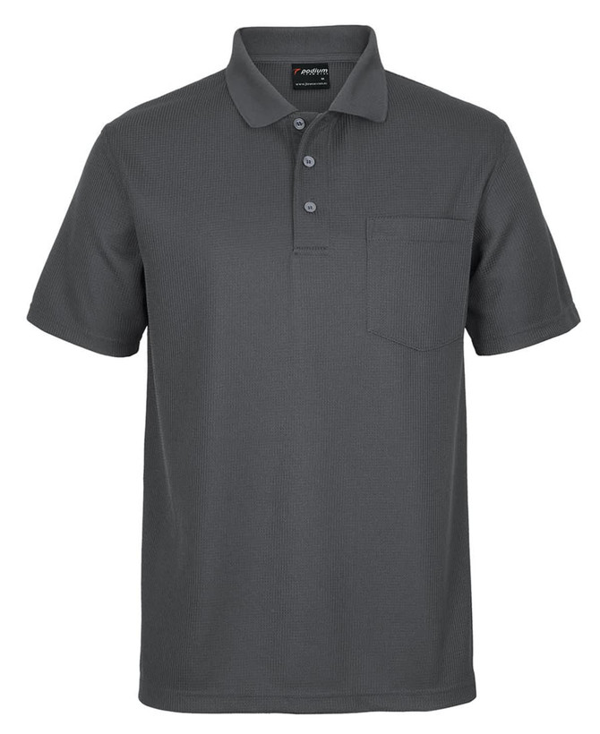 A grey polo shirt with a textured fabric, featuring a collar, buttons, and a chest pocket. It has a logo on the label.