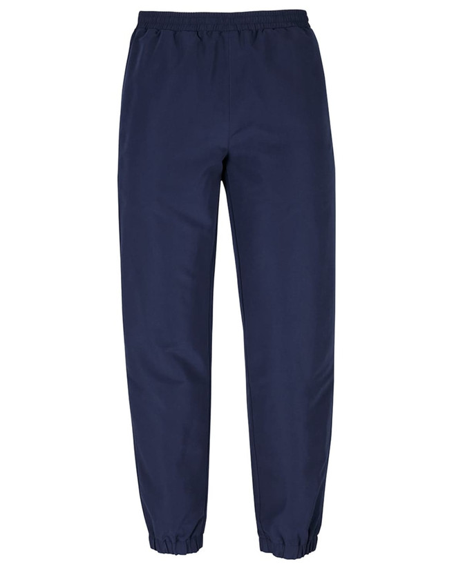 Navy track pants with an elastic waistband and tapered cuffs, featuring a logo on the side.