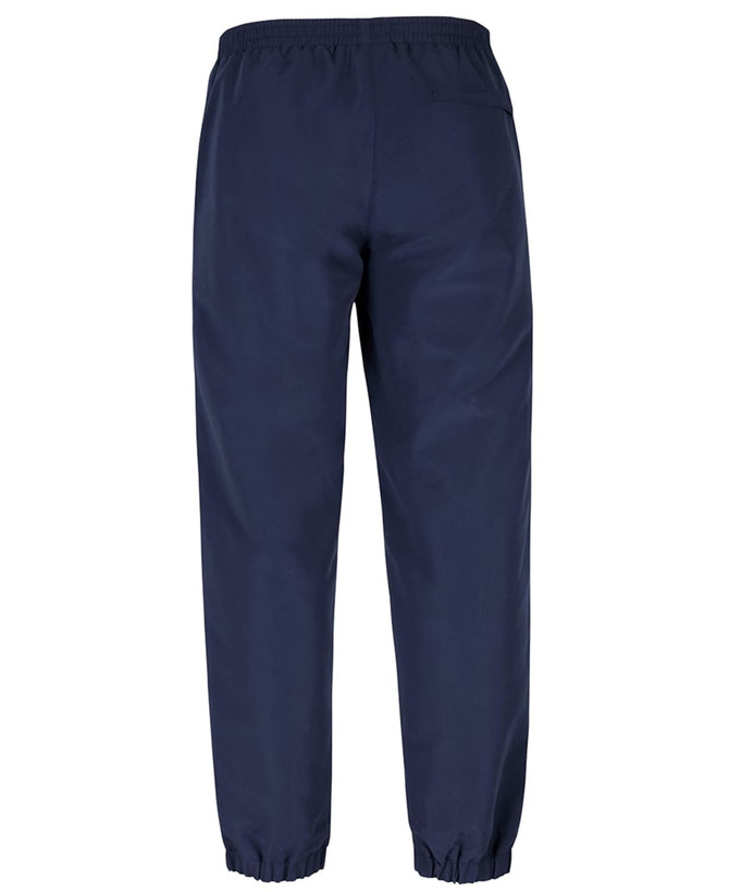 Navy track pants with an elasticated waistband and cuffs, featuring a logo.