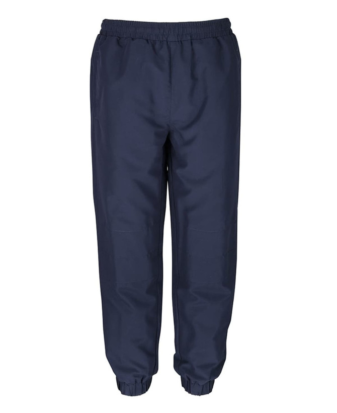Navy track pants with an elastic waistband and cuffs. Features a logo on the side.