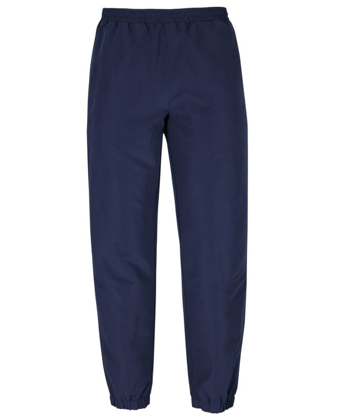 Navy track pants featuring an elastic waistband and cuffs, with a branding logo on the side.