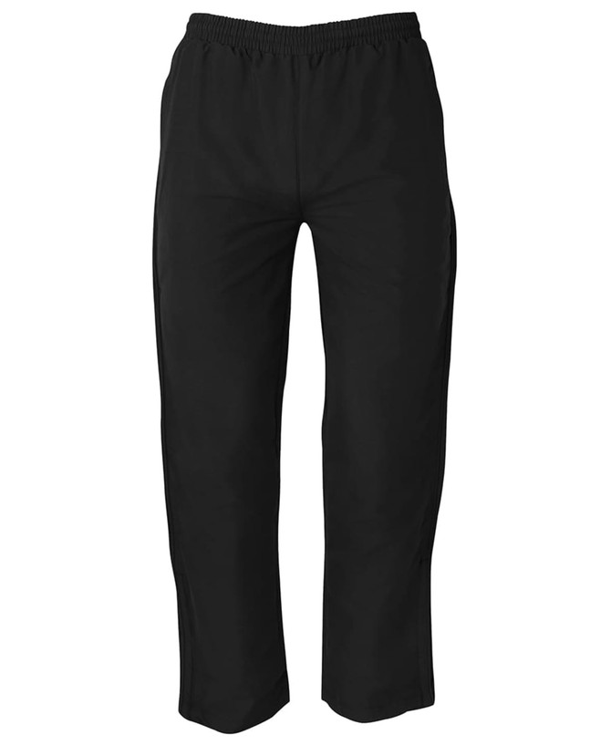 Black track pants featuring an elastic waistband and a simple design. Includes a logo on the garment.