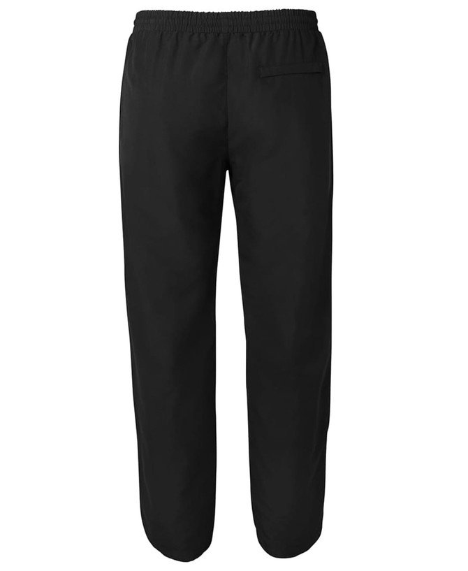 Black track pants with an elastic waistband and a back pocket, featuring a small logo.