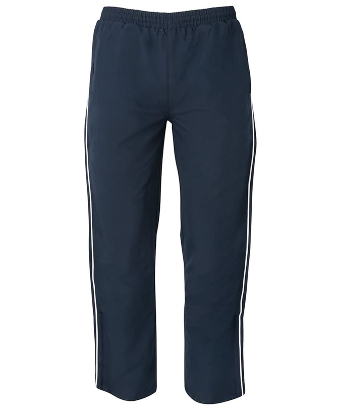 Navy track pants featuring white side stripes and an elastic waistband. The pants have a simple, sporty design.