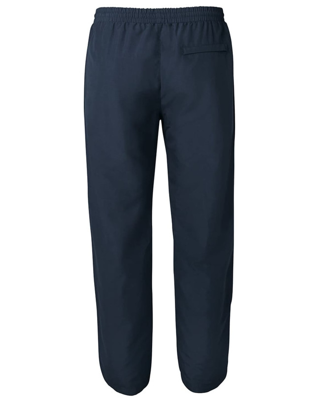 Navy track pants with an elastic waistband and a single back pocket, featuring a logo.