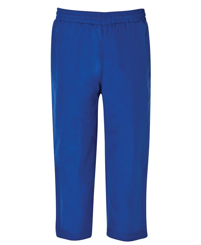 Blue track pants with an elasticated waistband, featuring a simple design and no visible logos.