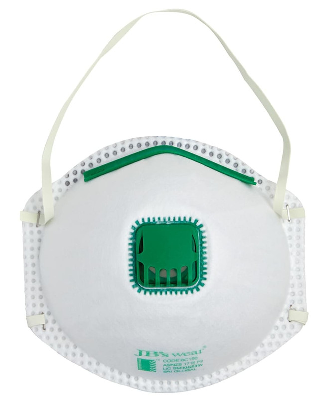 A white P2 respirator mask with a green valve and adjustable straps, featuring a logo on the side.